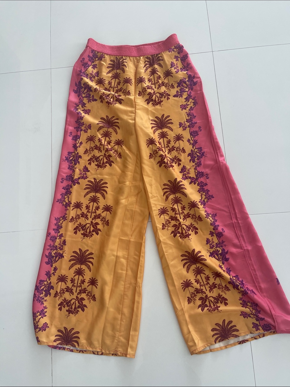 Anthropologie Pink and Gold Floral-Print Wide-Leg Pants